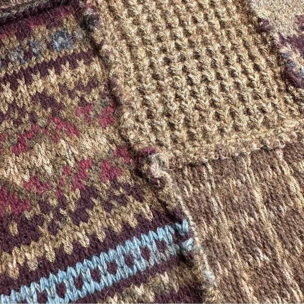 Polo Ralph Lauren Turtleneck Knit Poncho Olive and Brown Fair Isle Patchwork - Picture 9 of 16